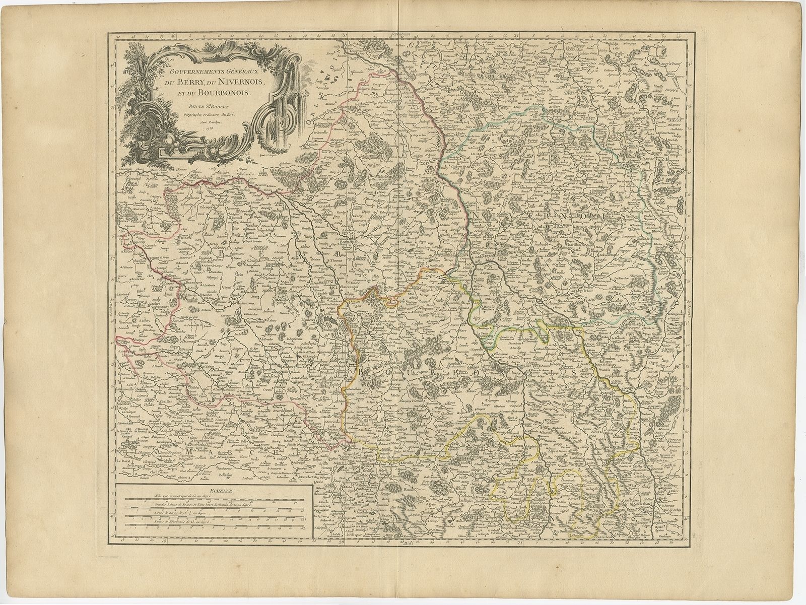 Antique Map Of The Region Of Berry, N IV Ernois And Bourbonnais By Vaugondy (1753)