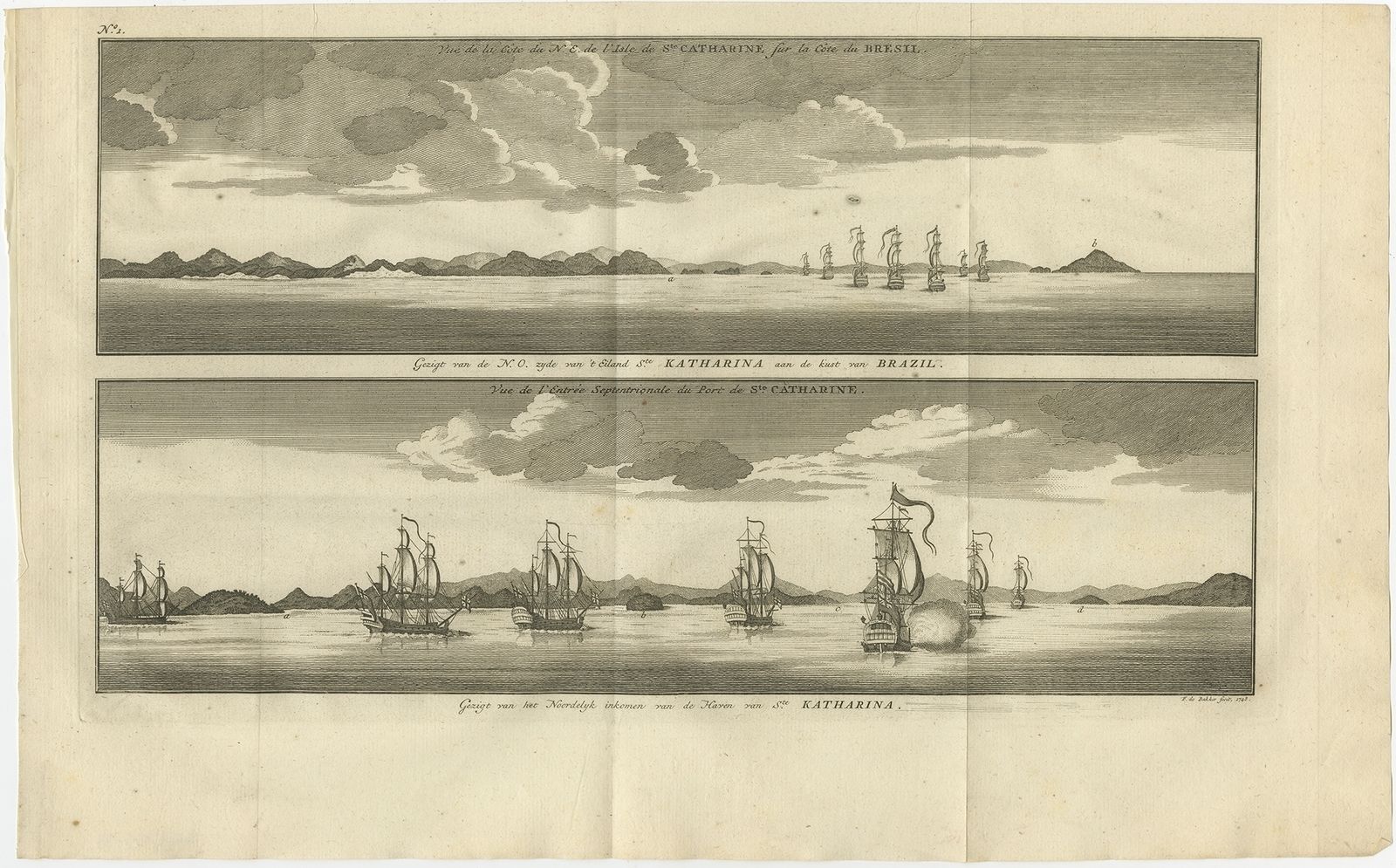 Antique Print With VI Ews Of Santa Catarina Island By Anson (1749)