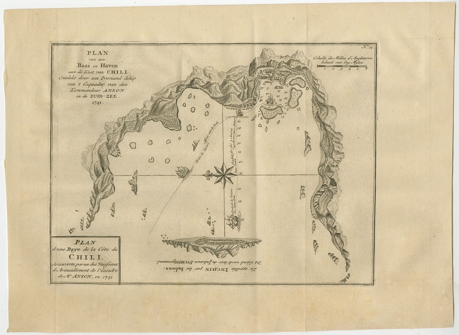 Antique Map Of A Bay On The Coast Of Chile By Anson (1749)