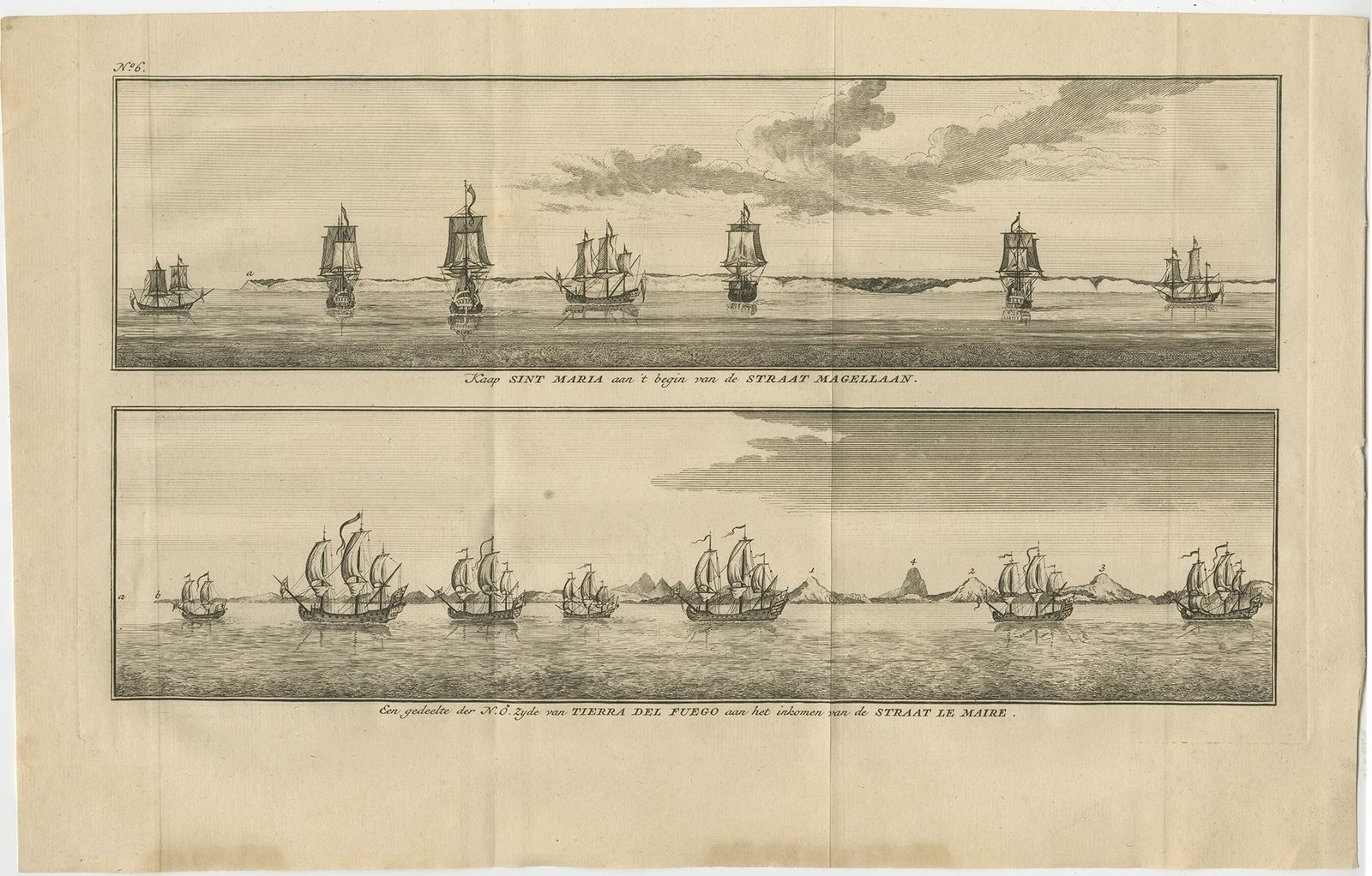 Antique Print With VI Ews Of Cabo Santa Maria And Tierra Del Fuego By Anson (1749)