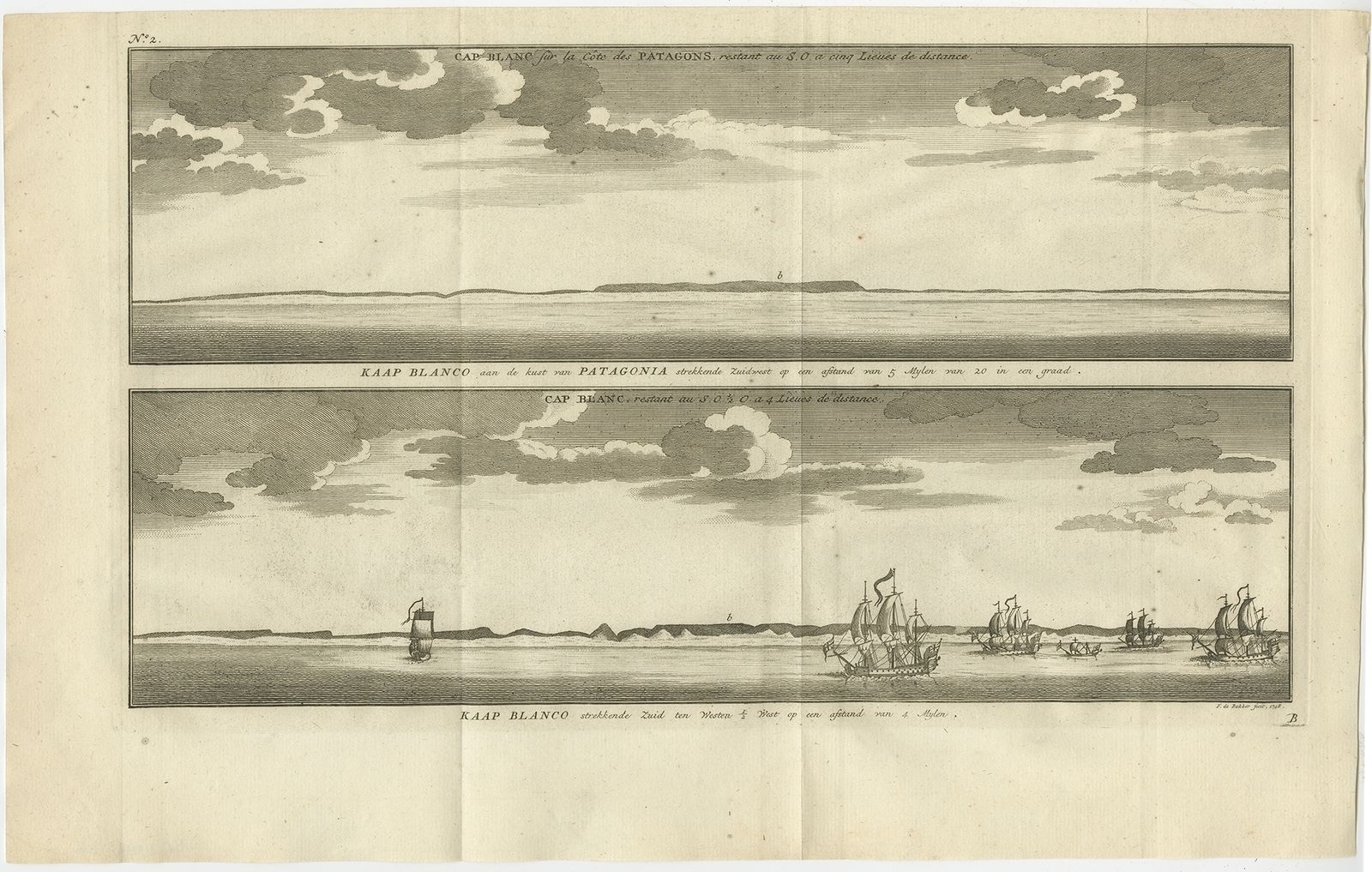 Antique Print With VI Ews Of Cape Blanco By Anson (1749)