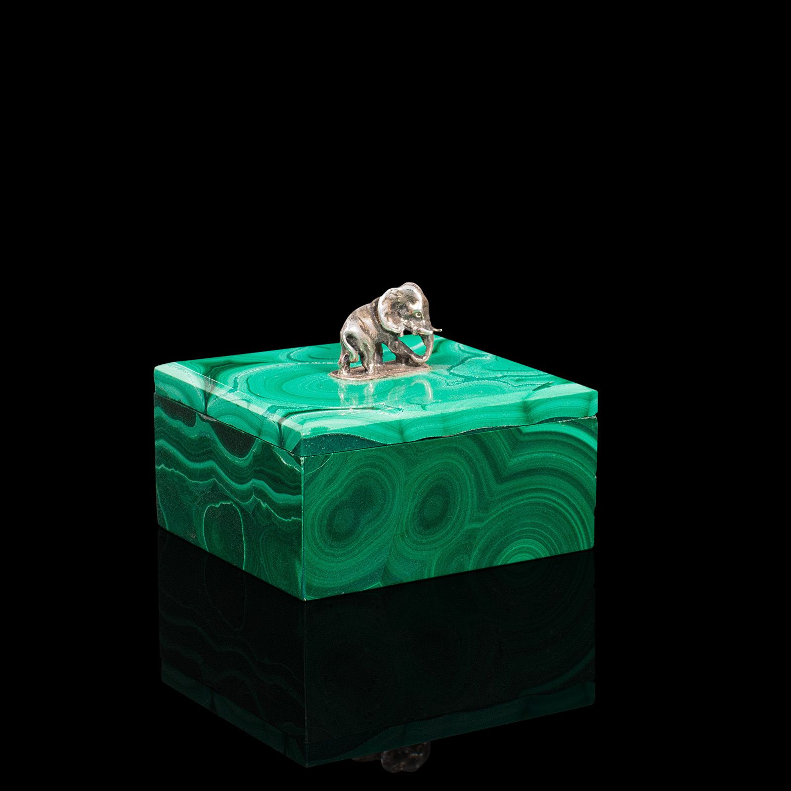 Small Antique Trinket Box, English, Malachite, Silver, Decorative, C1850