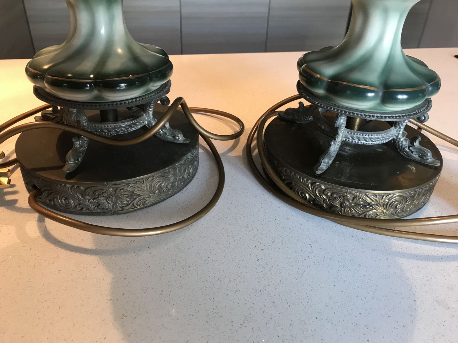 Pair Of Green Pottery Lamps With Embellished Flower Design And Lined Lampshades photo furniture