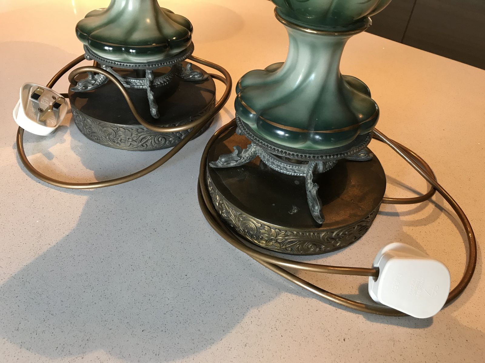 Pair Of Green Pottery Lamps With Embellished Flower Design And Lined Lampshades photo for sale
