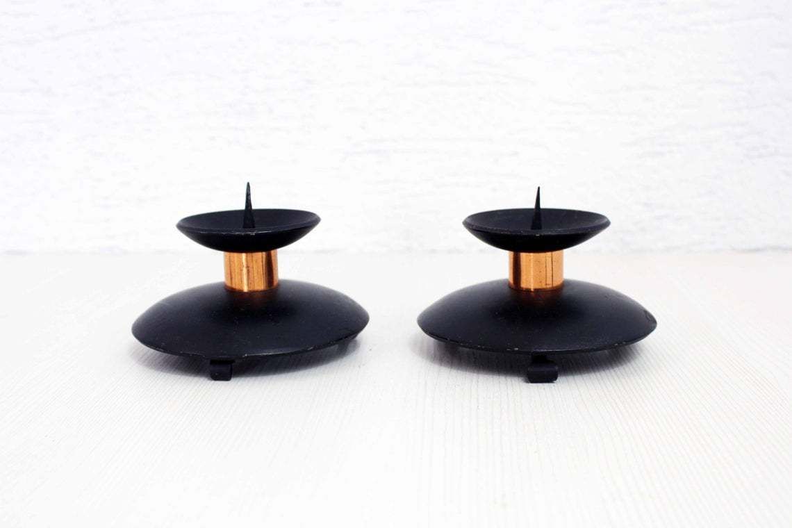 Beautiful Duo Of Candle Holders In Metal And Copper 60s / 70s