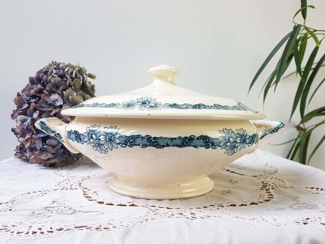 Longchamp "Denise" Soup Tureen Terre De Fer Soup Tureen Blue Flowers Decor ~ Old Dish ~ French Antique