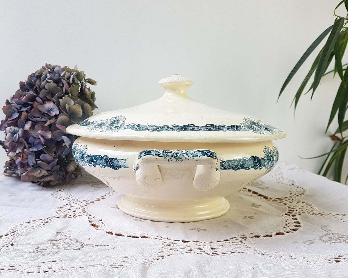 Longchamp "Denise" Soup Tureen Terre De Fer Soup Tureen Blue Flowers Decor ~ Old Dish ~ French Antique photo furniture