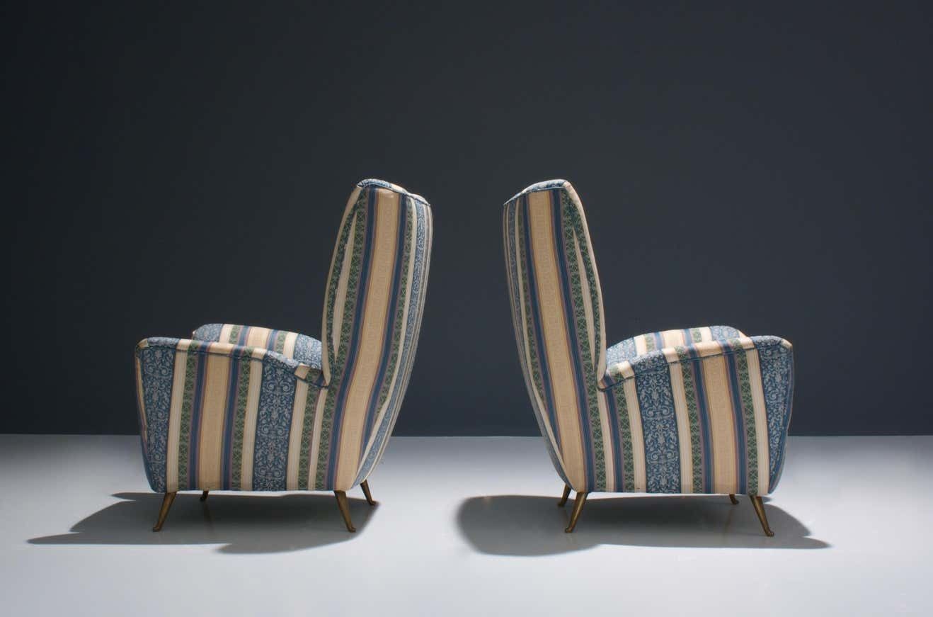 Set Of Two Lounge Chairs By I.S.A. In Silk Upholstery And Brass photo for sale