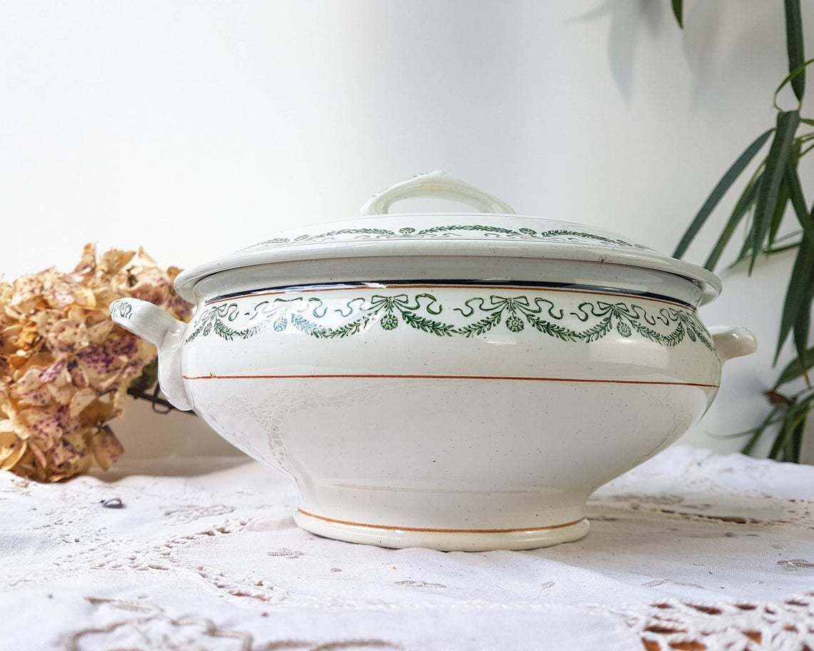 Saint Amand Soup Tureen "5006" Iron Earth Tureen Blue Green Decor ~ Old Dish ~ French Antique Transferware photo for sale