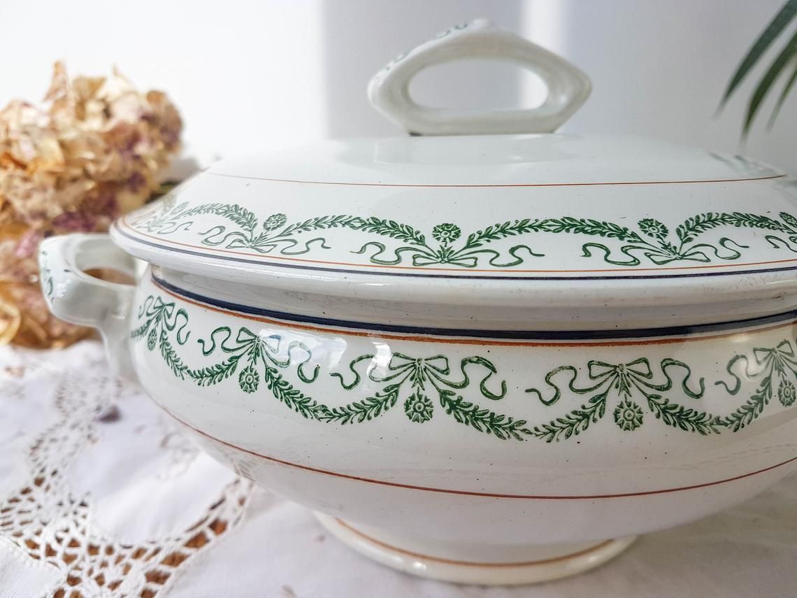 Saint Amand Soup Tureen "5006" Iron Earth Tureen Blue Green Decor ~ Old Dish ~ French Antique Transferware photo Home Decor