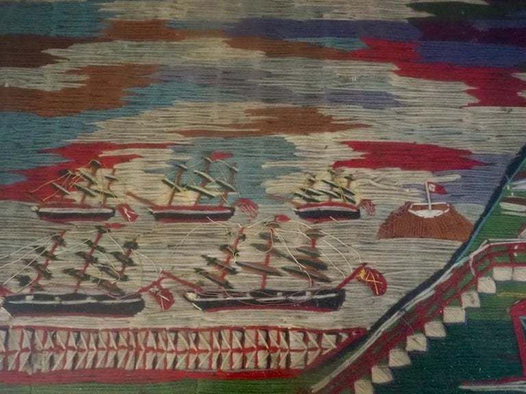 Wool Work Embroidery Or "Woolie" Of British Naval Ships Circa 1860 photo vinterior