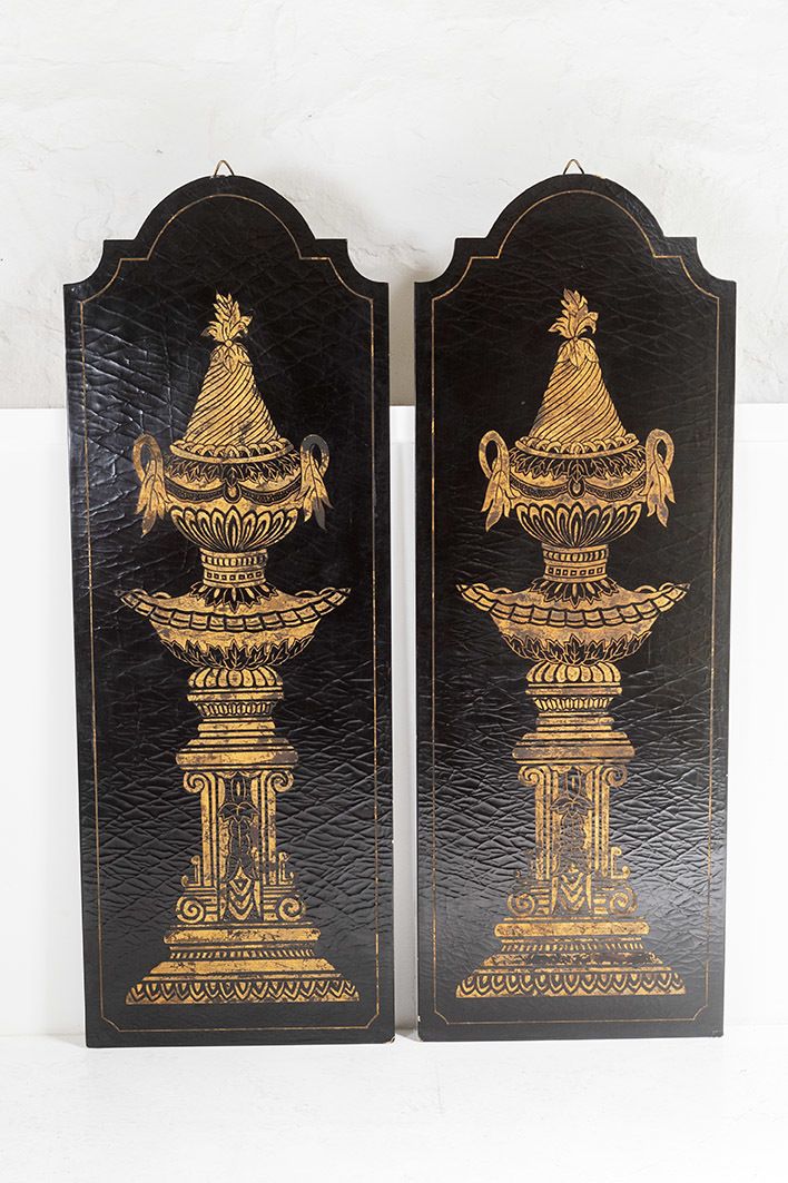 Italian Style Gold Empire Urns On Black Lacquered Panels | Large Wall Art photo furniture