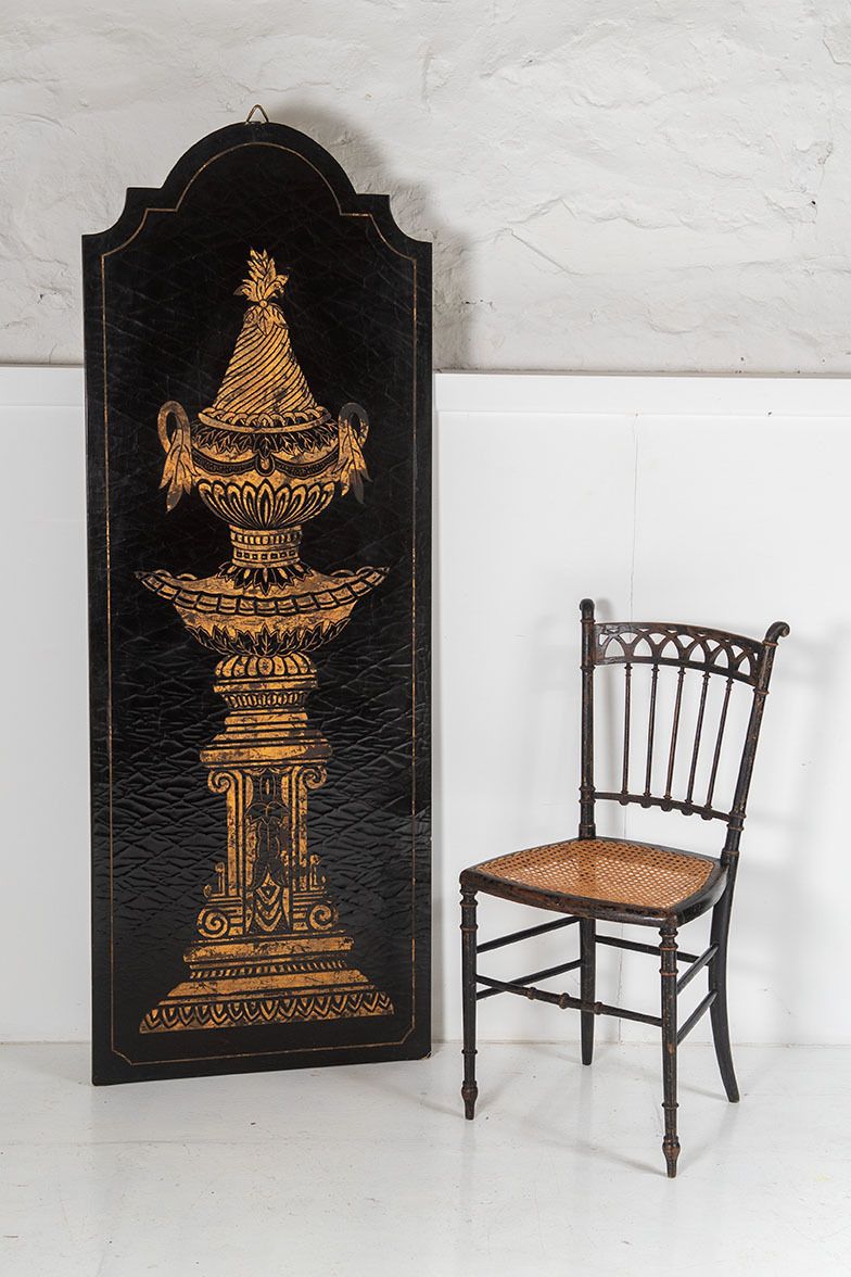 Italian Style Gold Empire Urns On Black Lacquered Panels | Large Wall Art