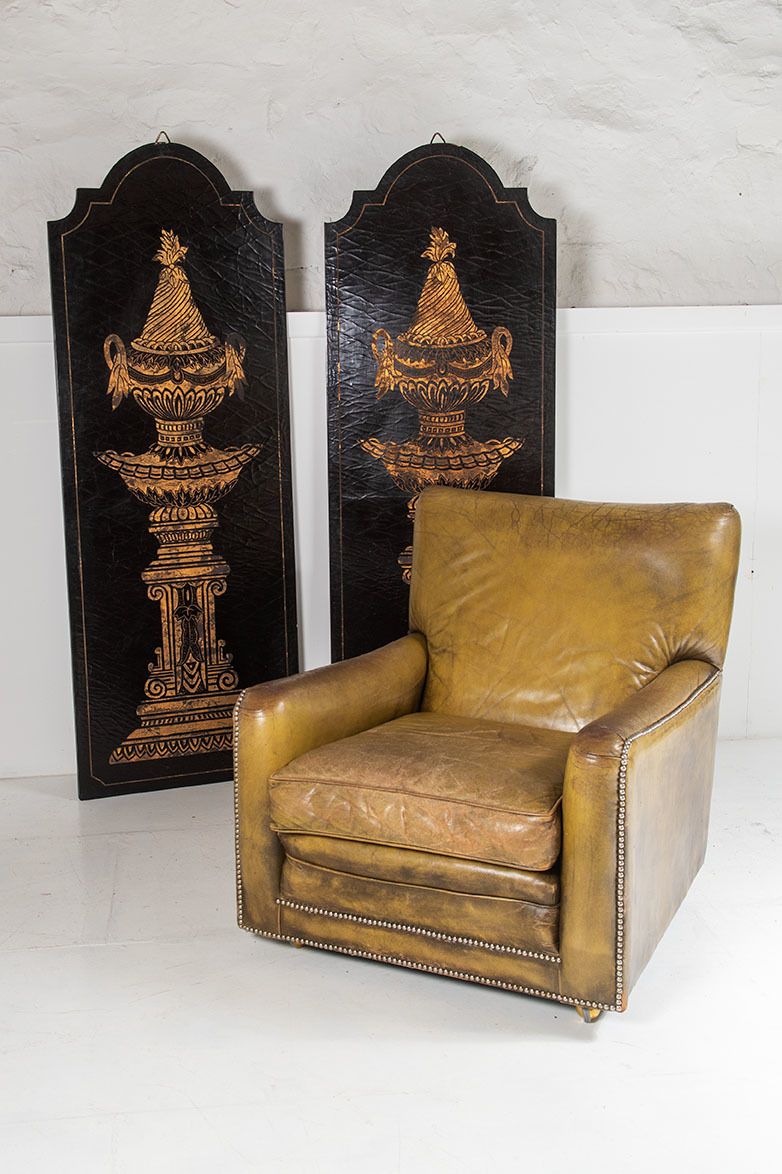 Italian Style Gold Empire Urns On Black Lacquered Panels | Large Wall Art photo Home Decor