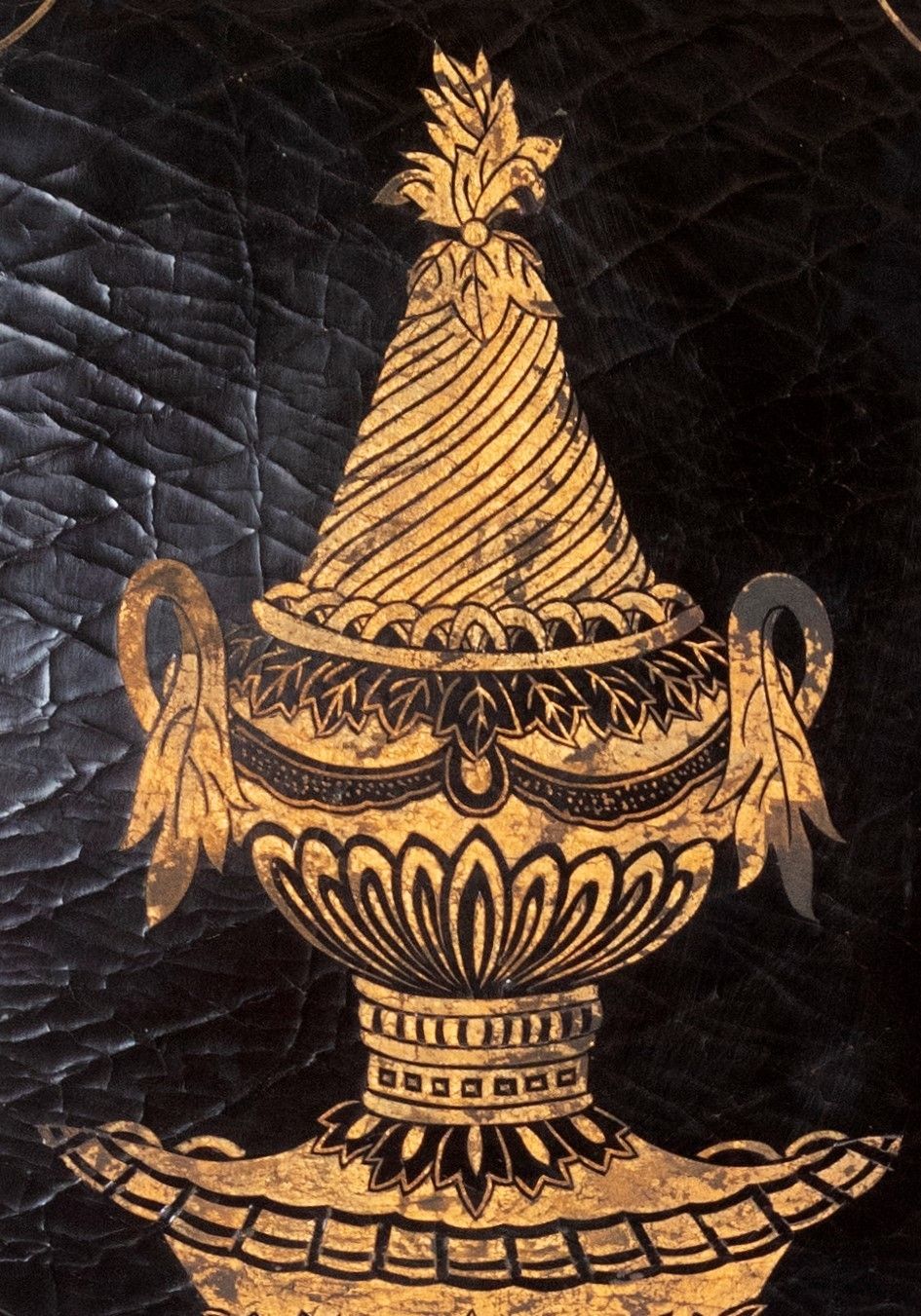 Italian Style Gold Empire Urns On Black Lacquered Panels | Large Wall Art photo vinterior