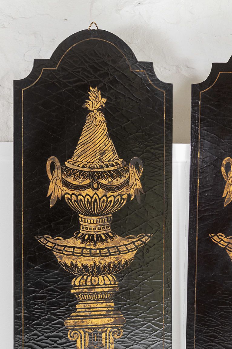 Italian Style Gold Empire Urns On Black Lacquered Panels | Large Wall Art photo vintage