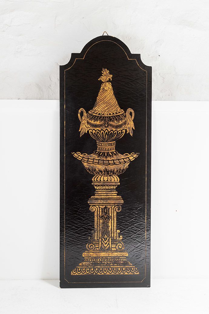 photo furniture Italian Style Gold Empire Urns On Black Lacquered Panels | Large Wall Art