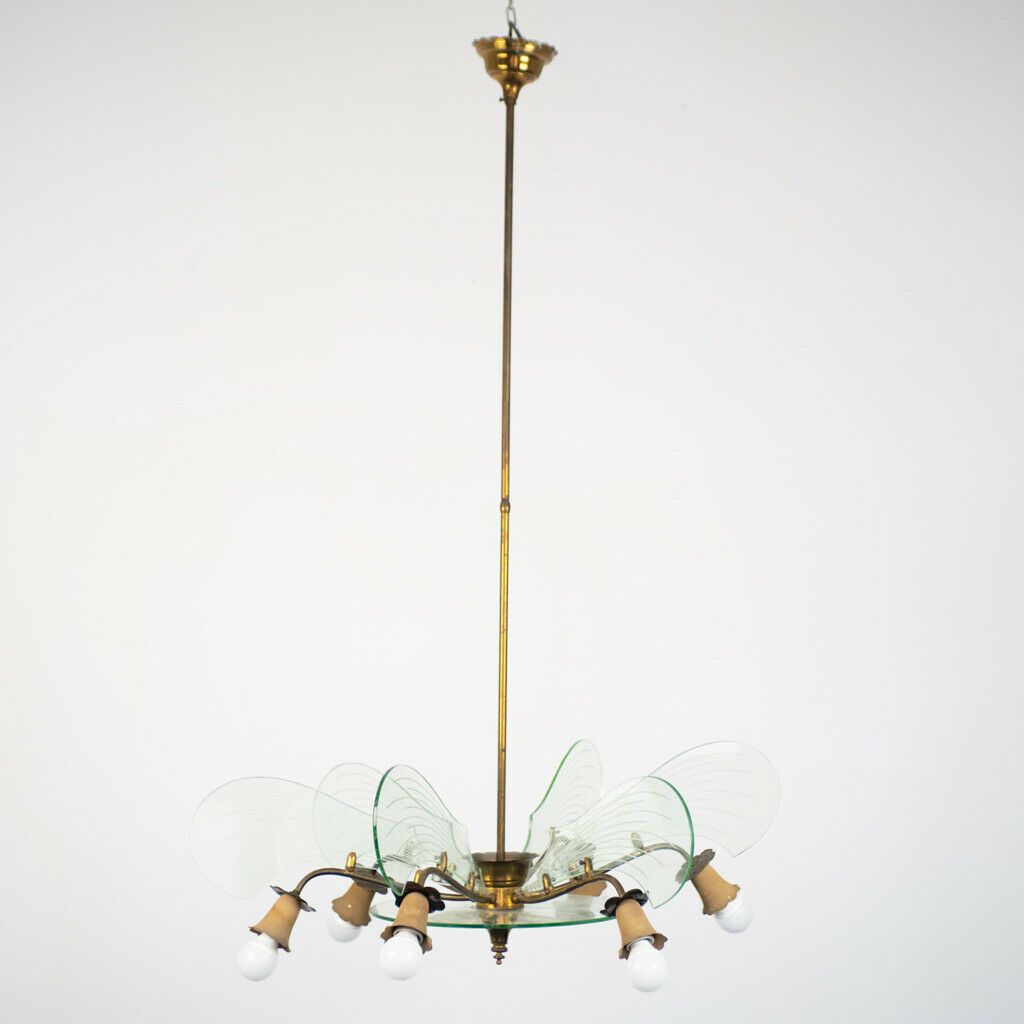 Brass Glass 6 Lights Chandelier Design 1950s Vintage Modern photo furniture