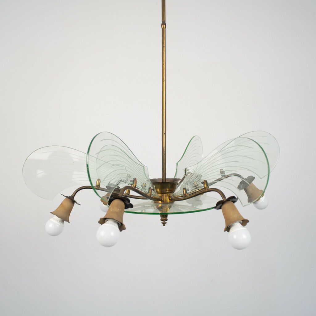 Brass Glass 6 Lights Chandelier Design 1950s Vintage Modern photo vinterior