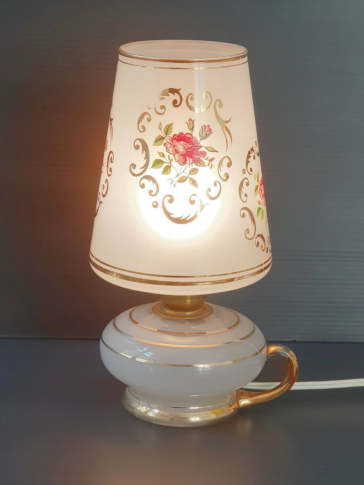 Vintage 1970 Lamp In Glass With Flower Decoration 70s 70s 1970s photo for sale