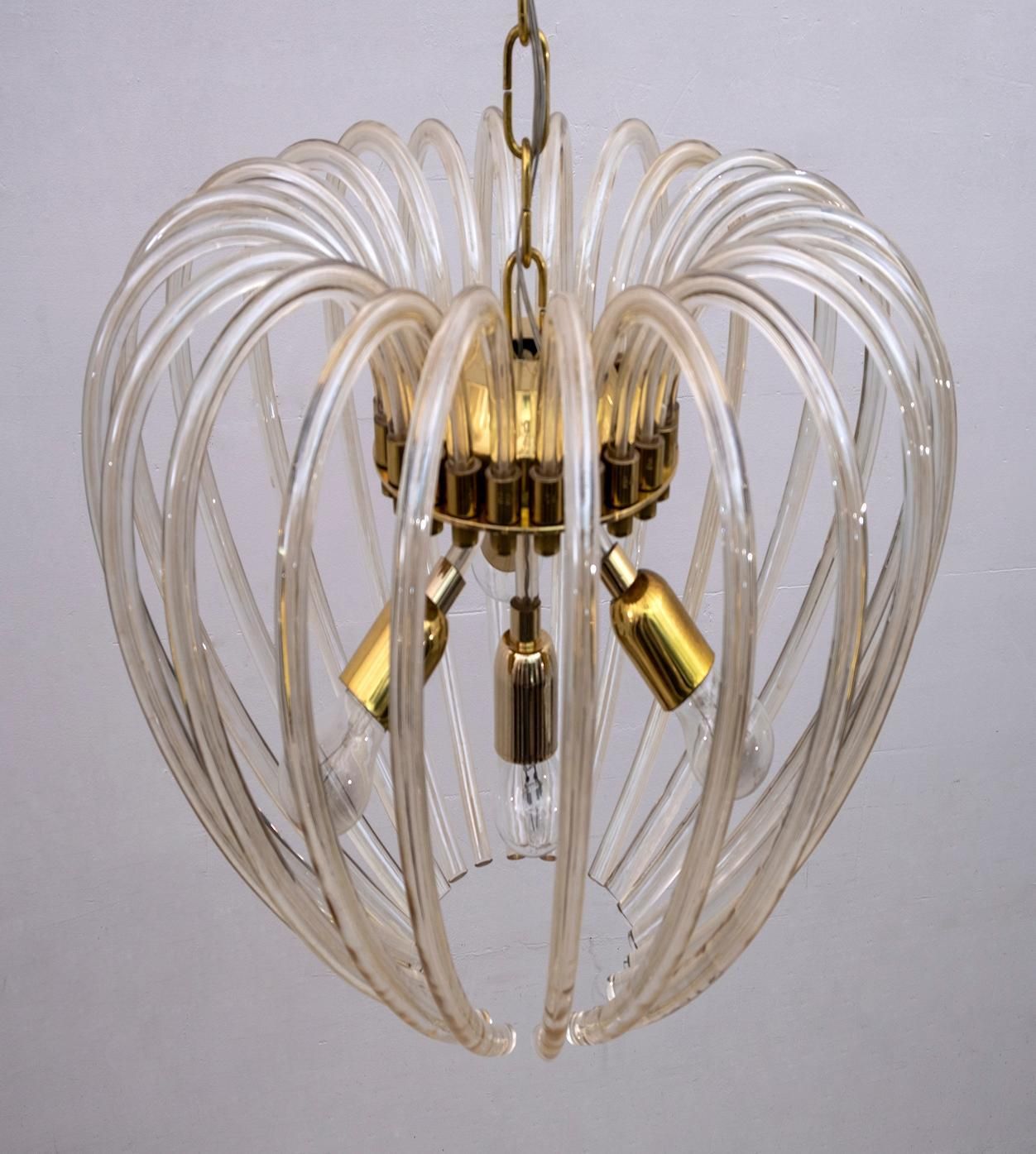 Venini Mid Century Modern Italian Murano Glass And Brass Chandelier, 1950s photo vinterior