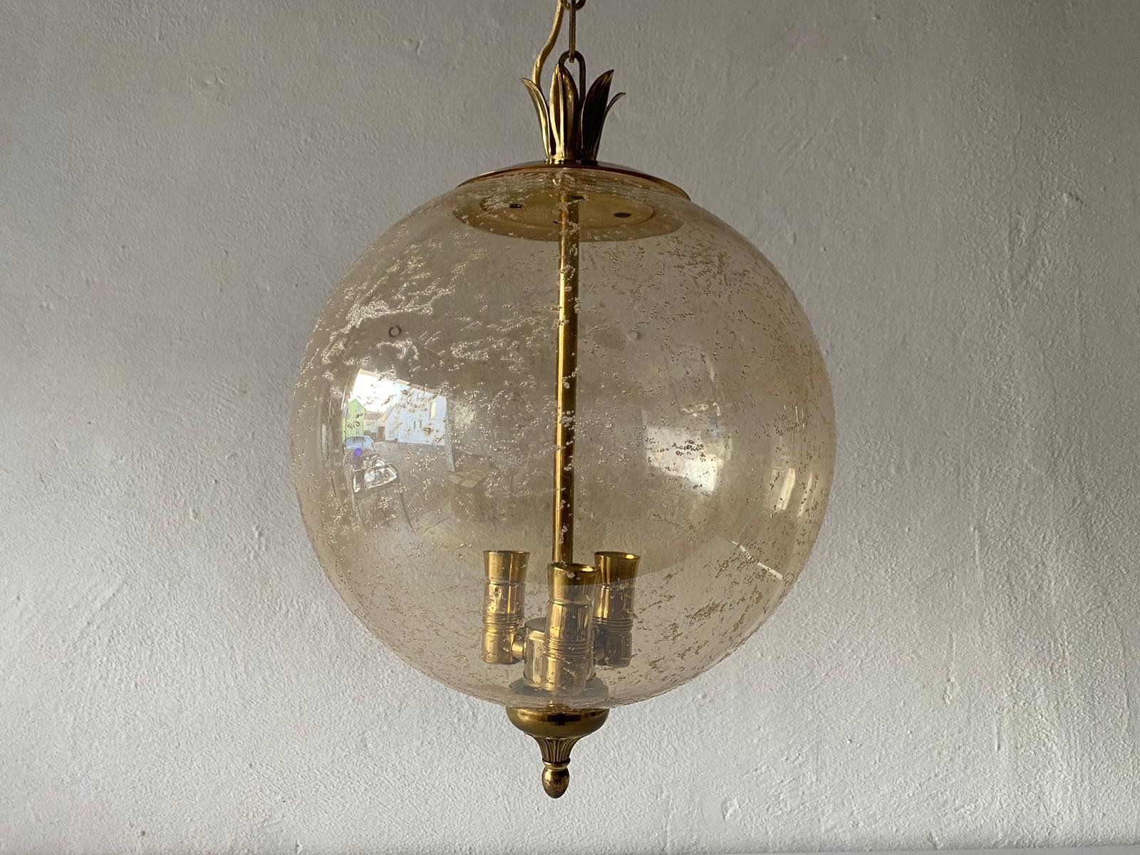 Fantastic Mid Century Modern Smoke Glass Pendant Lamp   Pomegranate Designed Brass Top And Bottom Details, 1960s, Germany photo furniture