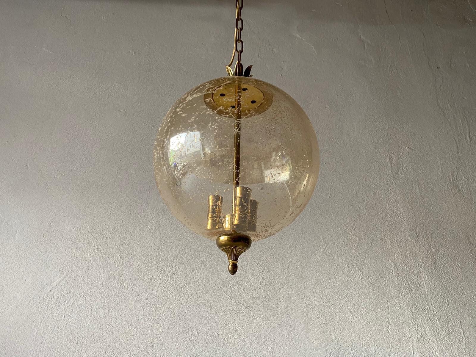 Fantastic Mid Century Modern Smoke Glass Pendant Lamp   Pomegranate Designed Brass Top And Bottom Details, 1960s, Germany photo buy