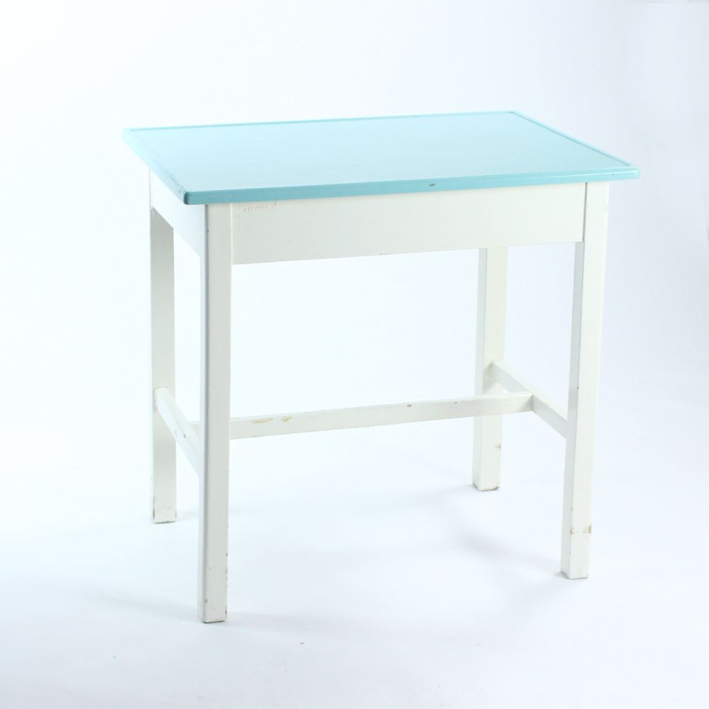 Wooden Farm Table In White & Turquoise Color, Czechoslovakia 1950s photo furniture