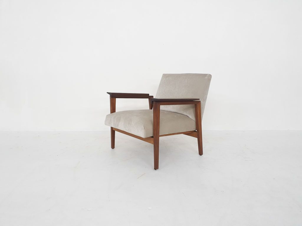 Scandinavian Modern Teak Arm Chair With New Beige Upholstery 1960s