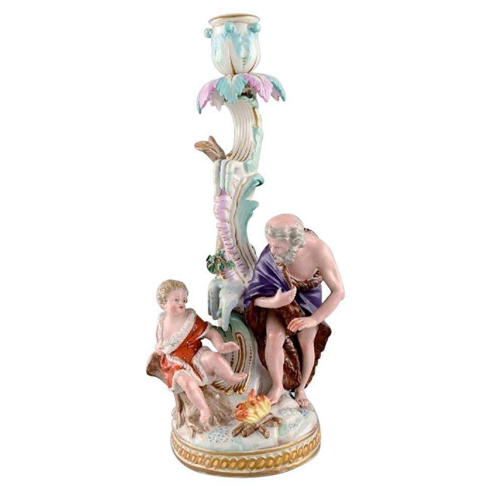 Antique Meissen Winter Candlestick In Hand Painted Porcelain, 19th Century