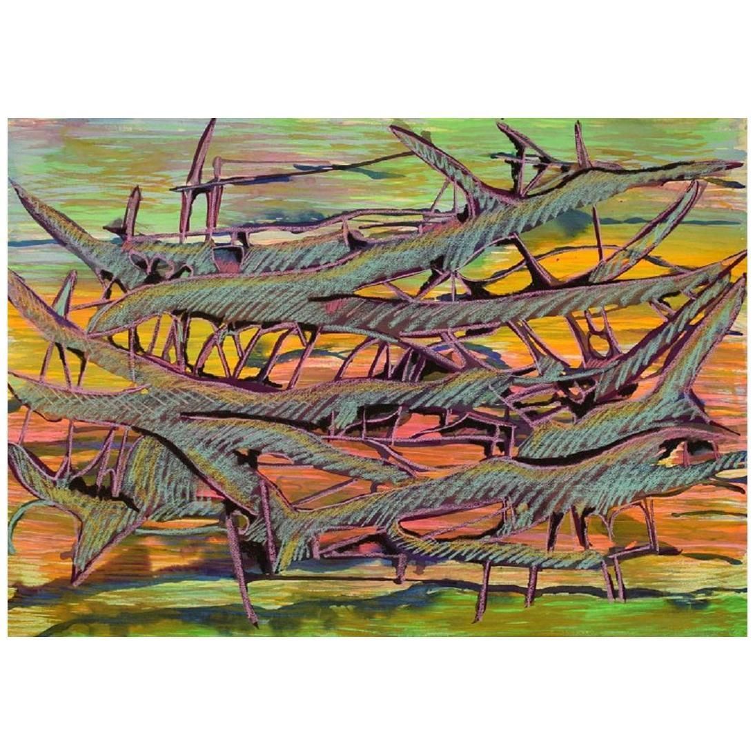Ivy Lysdal, Gouache And Oil Crayon On Cardboard, Abstract Modernist Painting