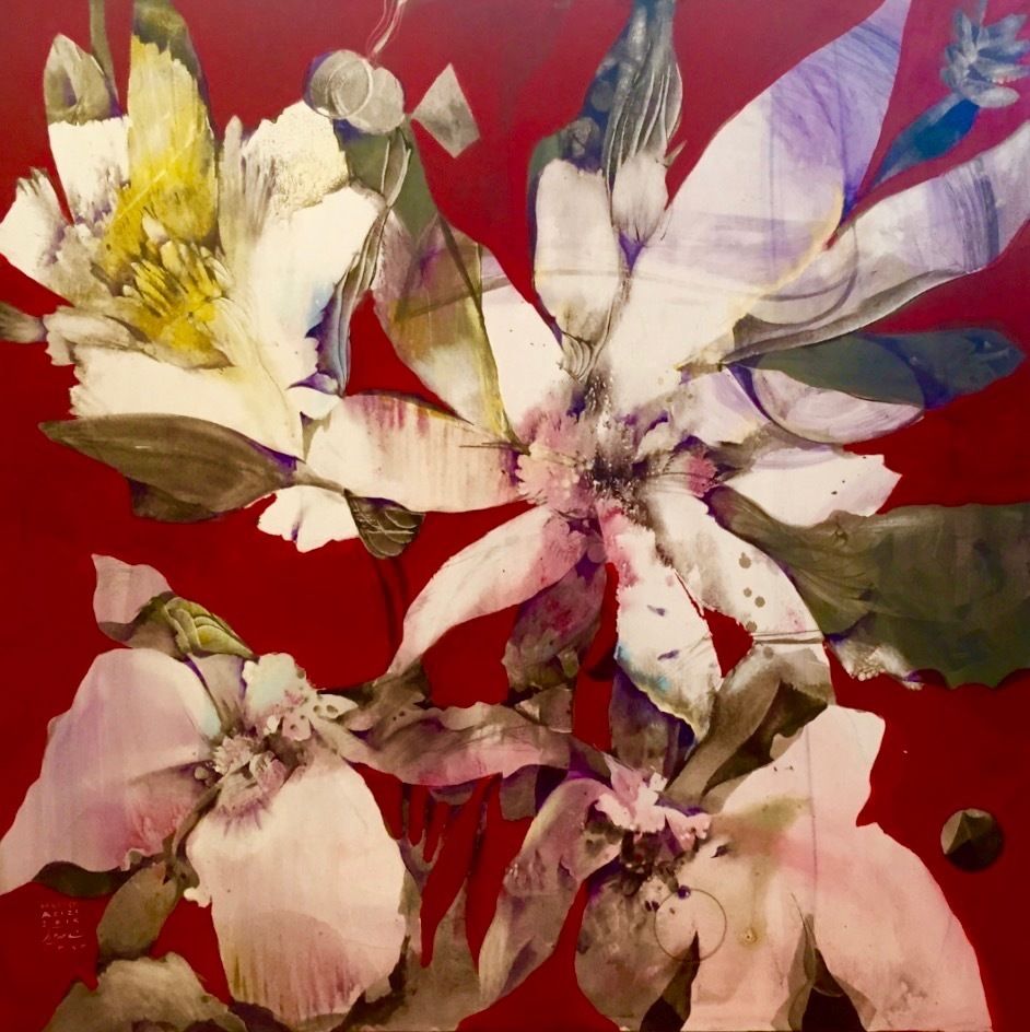 Large Contemporary Mixed Media Flower Painting On Canvas