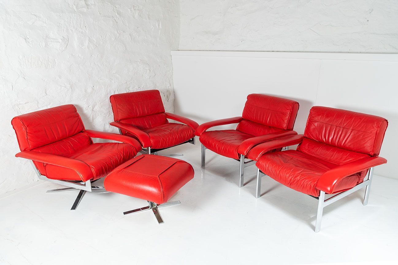 Mid Century Pieff Gamma Red Leather Tubular Chrome Suite Complete With Leather Swivel Chair Set And Leather Armchair Set And Leather Footstool
