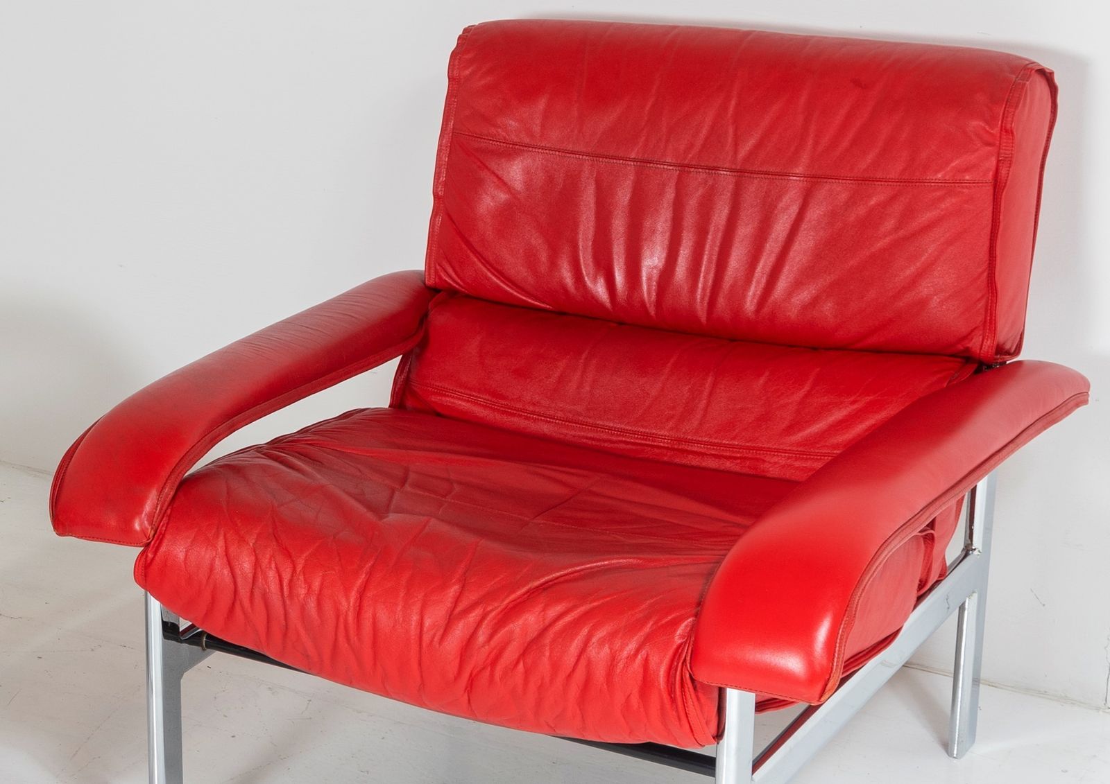 photo furniture Mid Century Pieff Gamma Red Leather Tubular Chrome Suite Complete With Leather Swivel Chair Set And Leather Armchair Set And Leather Footstool