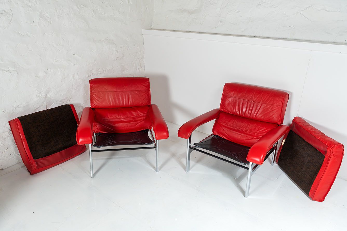 photo buy Mid Century Pieff Gamma Red Leather Tubular Chrome Suite Complete With Leather Swivel Chair Set And Leather Armchair Set And Leather Footstool