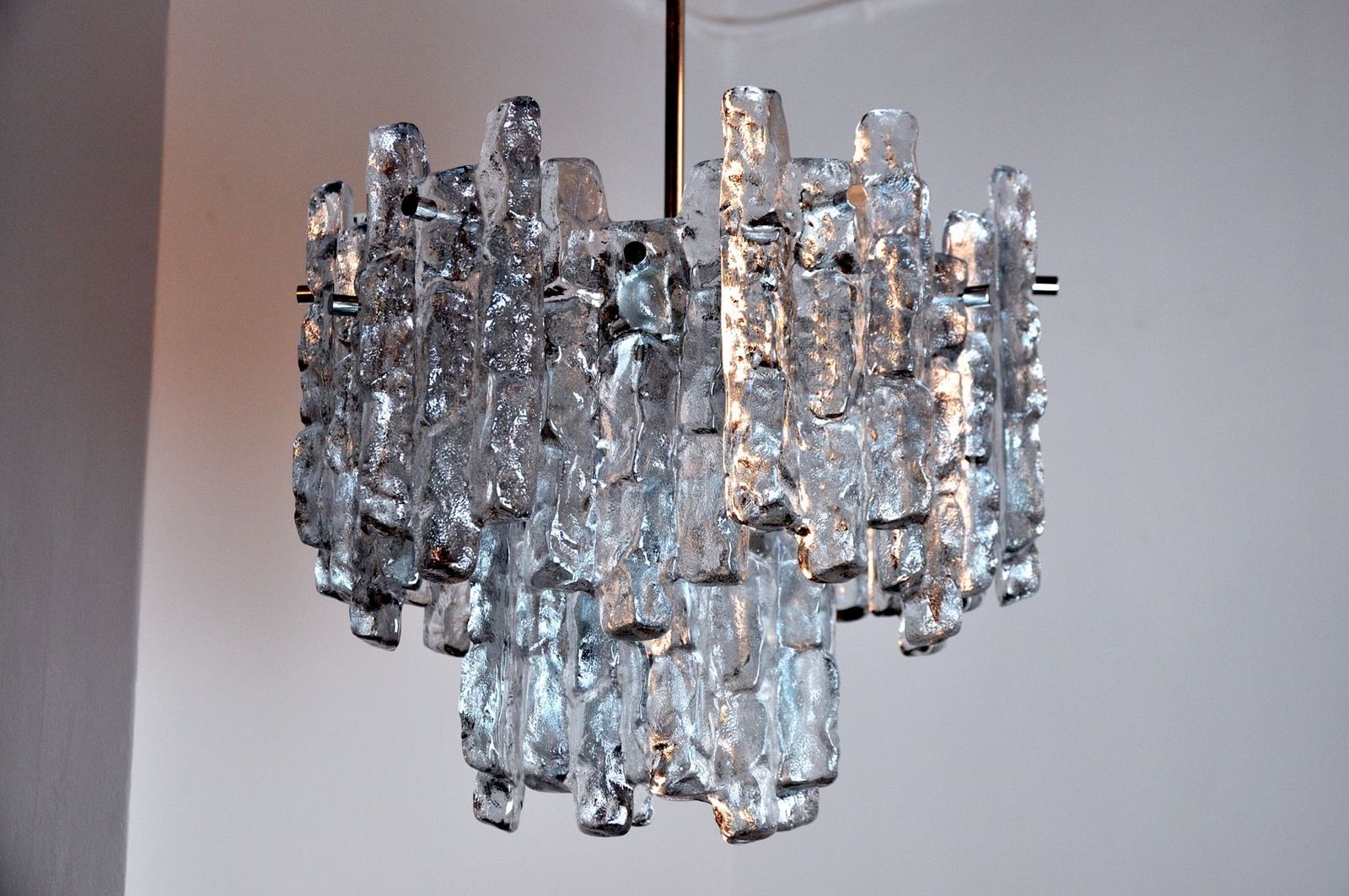 J.T Kalmar 'Glaçon' Chandelier, Frosted Glass, 2 Levels, Austria, 1970 photo for sale