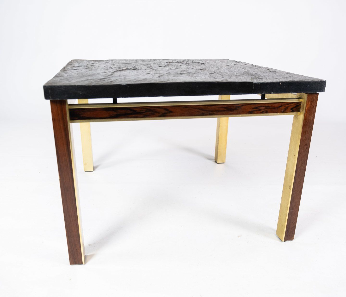Coffee Table With Slate Top And Gilded Metal Frame And Rosewood By Bendixen Design From The 1970s. photo for sale