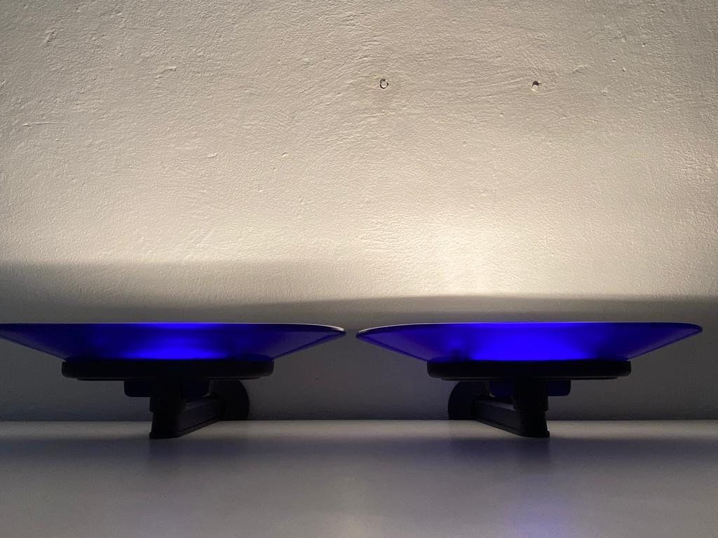 Cobalt Blue Glass & Grey Metal Body Pair Of Sconces By Arteluce, A500 Design By King And Miranda, 1970s, Italy photo furniture