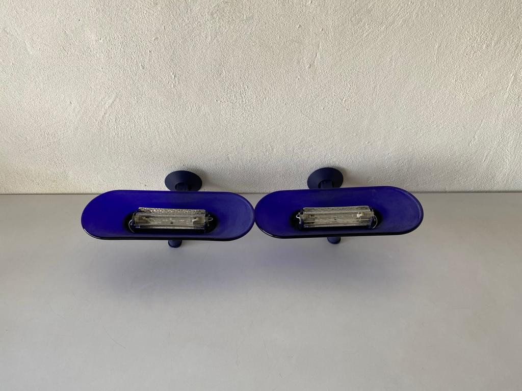 Cobalt Blue Glass & Grey Metal Body Pair Of Sconces By Arteluce, A500 Design By King And Miranda, 1970s, Italy photo vintage