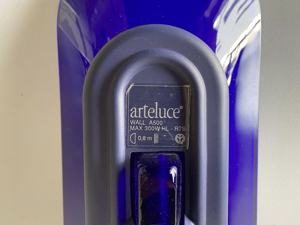 photo for sale Cobalt Blue Glass & Grey Metal Body Pair Of Sconces By Arteluce, A500 Design By King And Miranda, 1970s, Italy