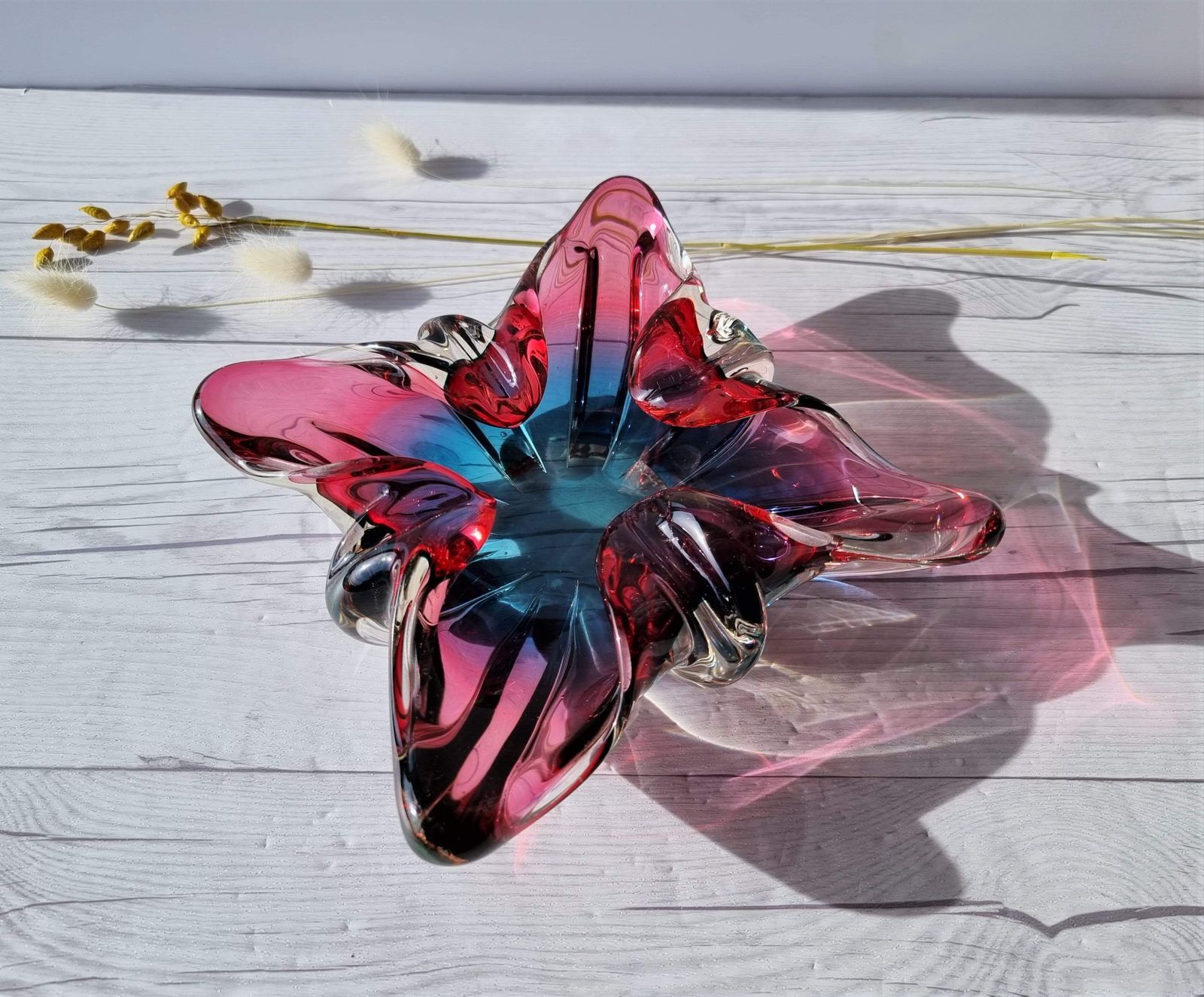 Home Decor Iwatsu Hineri Glassworks, Handblown Sculpted Dish In Summer Berries Palette, 1960s 70s, Japanese photo