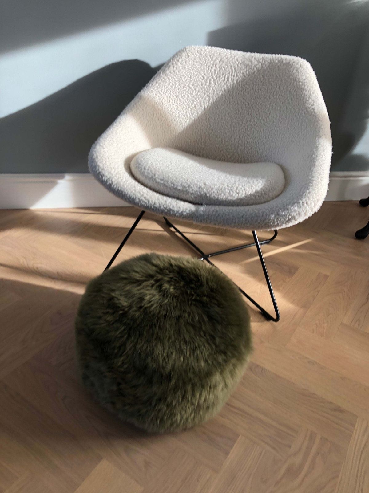 Green Sheepskin Pouffe, Dark Khaki Genuine Sheepskin, Sheepskin Pouffe, Sheepskin Footstool, Luxury Gift, photo Furniture