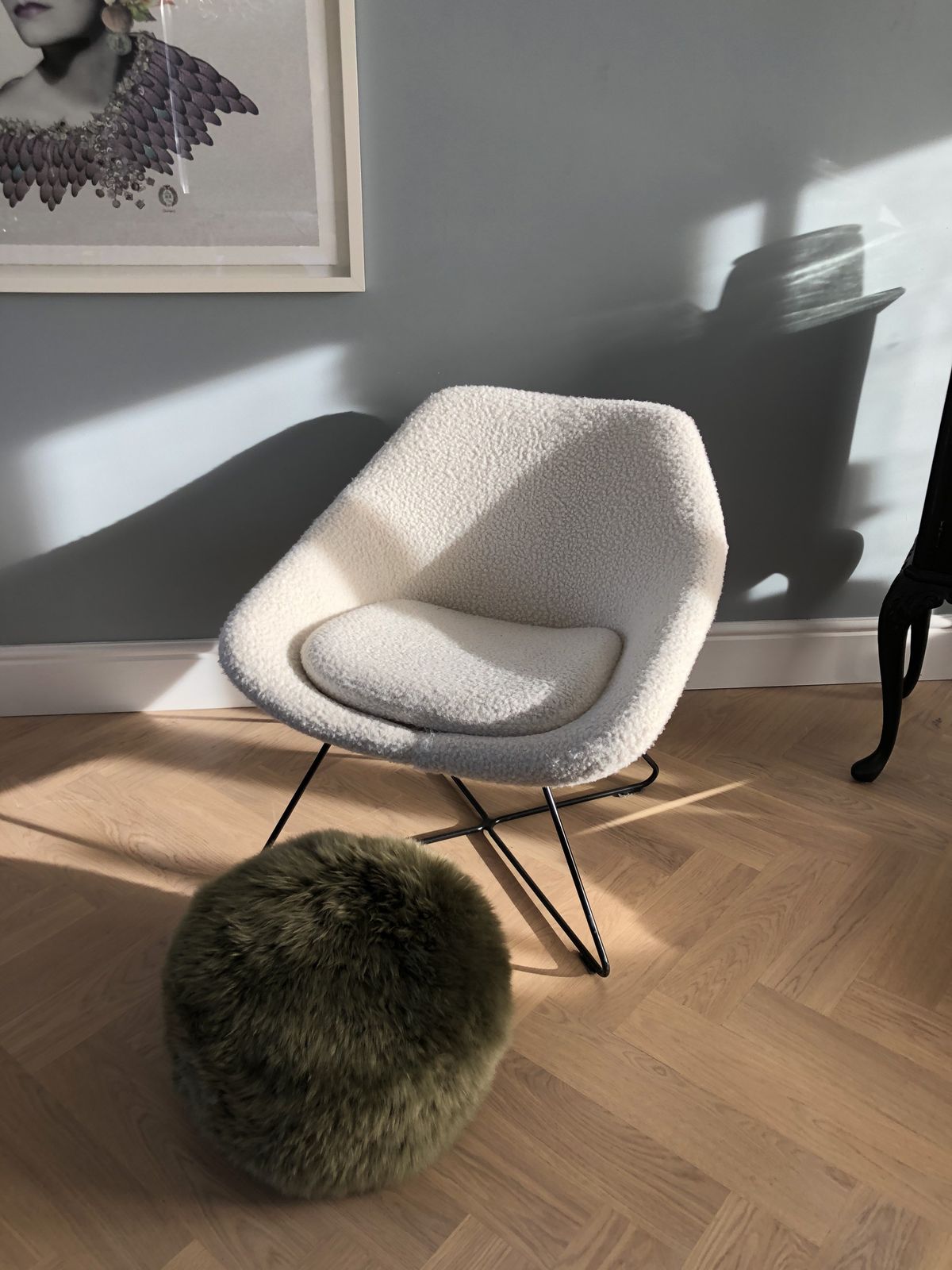 Green Sheepskin Pouffe, Dark Khaki Genuine Sheepskin, Sheepskin Pouffe, Sheepskin Footstool, Luxury Gift, photo 89.0