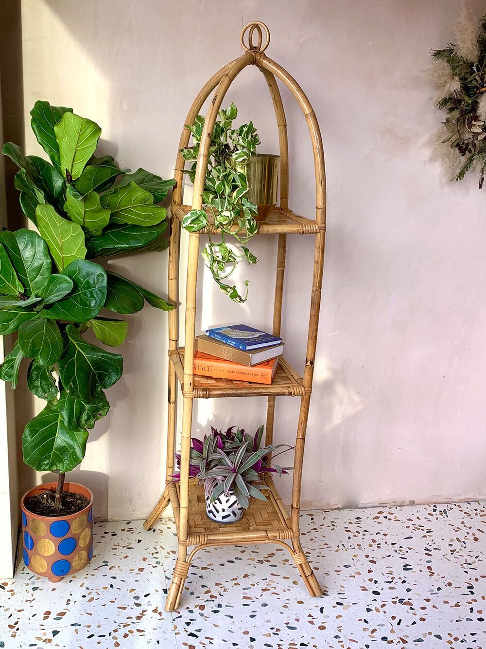 Mid Century Freestanding Arched Bamboo Etagere Shelving Unit With Large Woven Detail Shelves