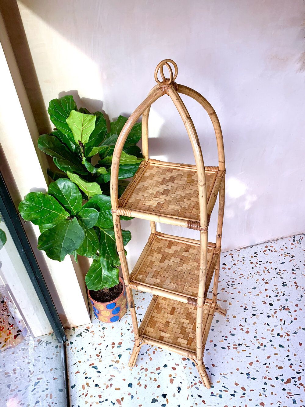 Mid Century Freestanding Arched Bamboo Etagere Shelving Unit With Large Woven Detail Shelves photo Furniture
