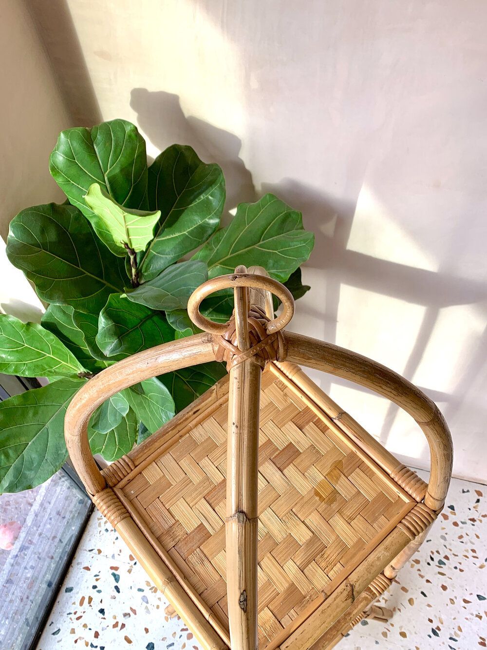 Mid Century Freestanding Arched Bamboo Etagere Shelving Unit With Large Woven Detail Shelves photo vintage
