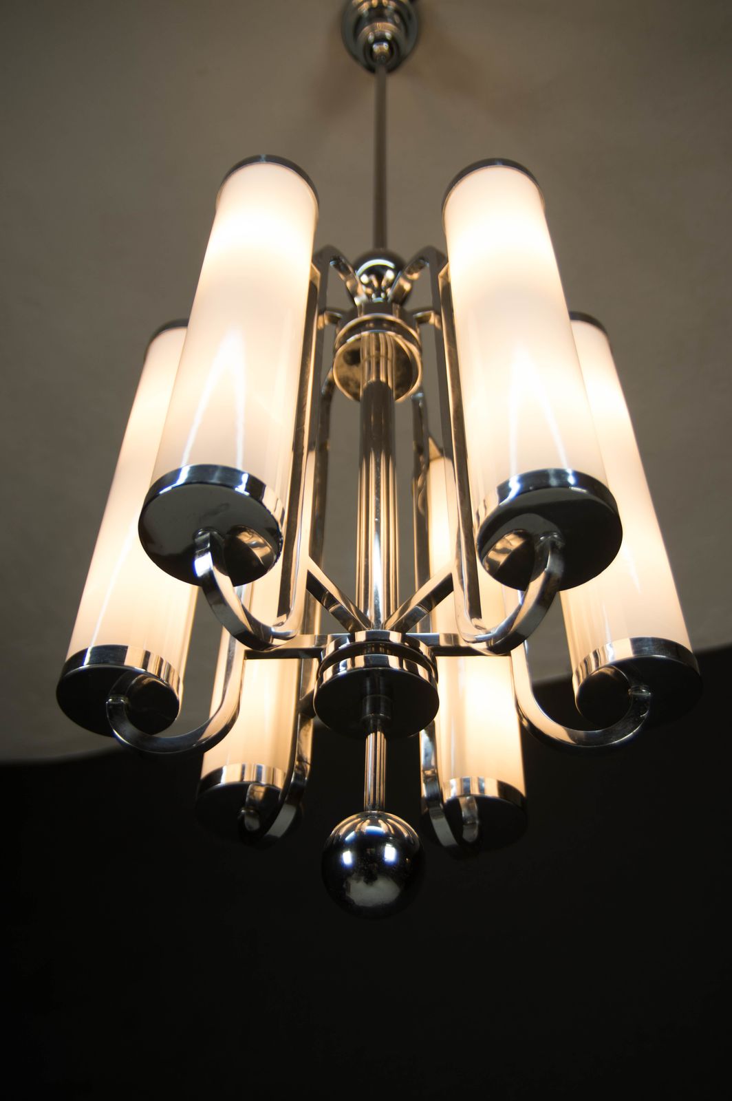 Large Bauhaus Chandelier With 6 Tubular Shades, 1930s photo Lighting
