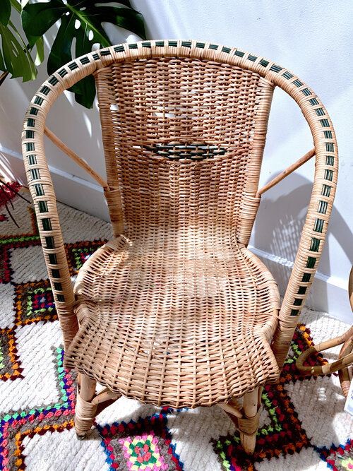 Vintage Petite French Wicker Chair With Contrast Colour Trim & Diamond Detail photo Furniture