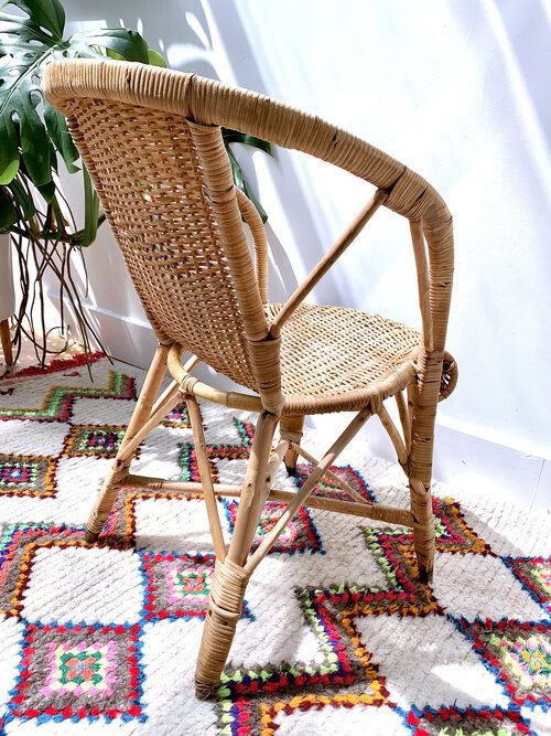 Vintage Petite French Wicker Chair With Contrast Colour Trim & Diamond Detail photo vinterior