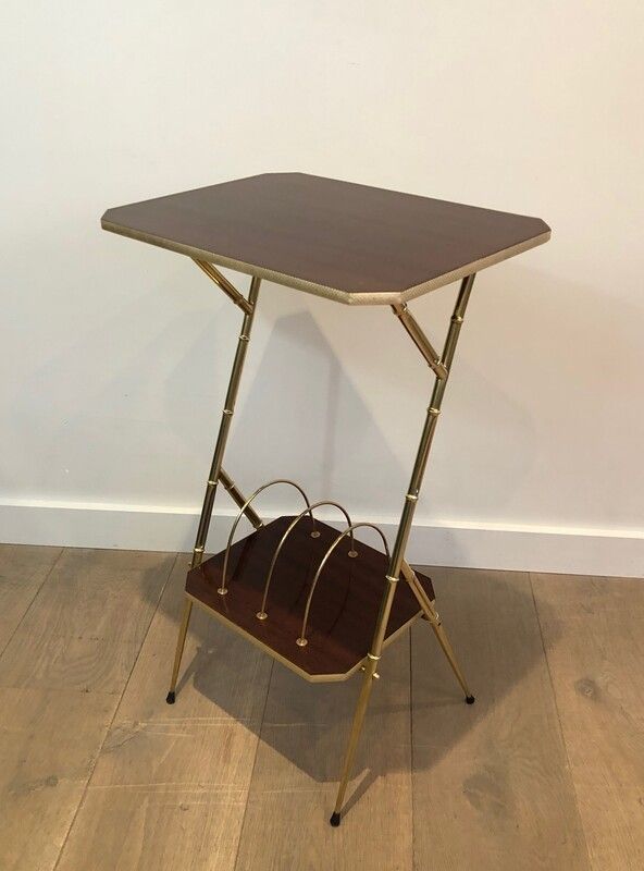 Mahogany And Faux Bamboo Gilt Metal Side Table With Magazine Rack. French. Circa 1970